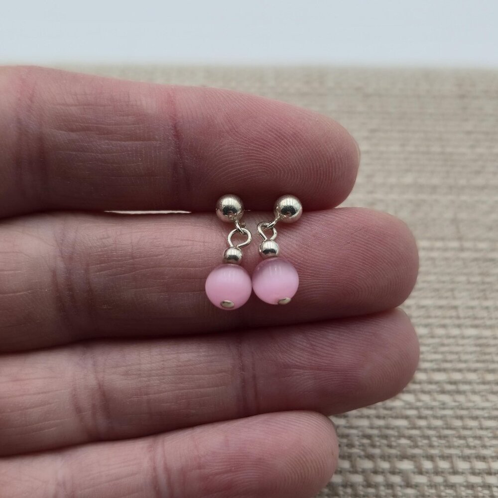Sterling Silver Pink Cat's Eye Stone Dangle Earrings A4321